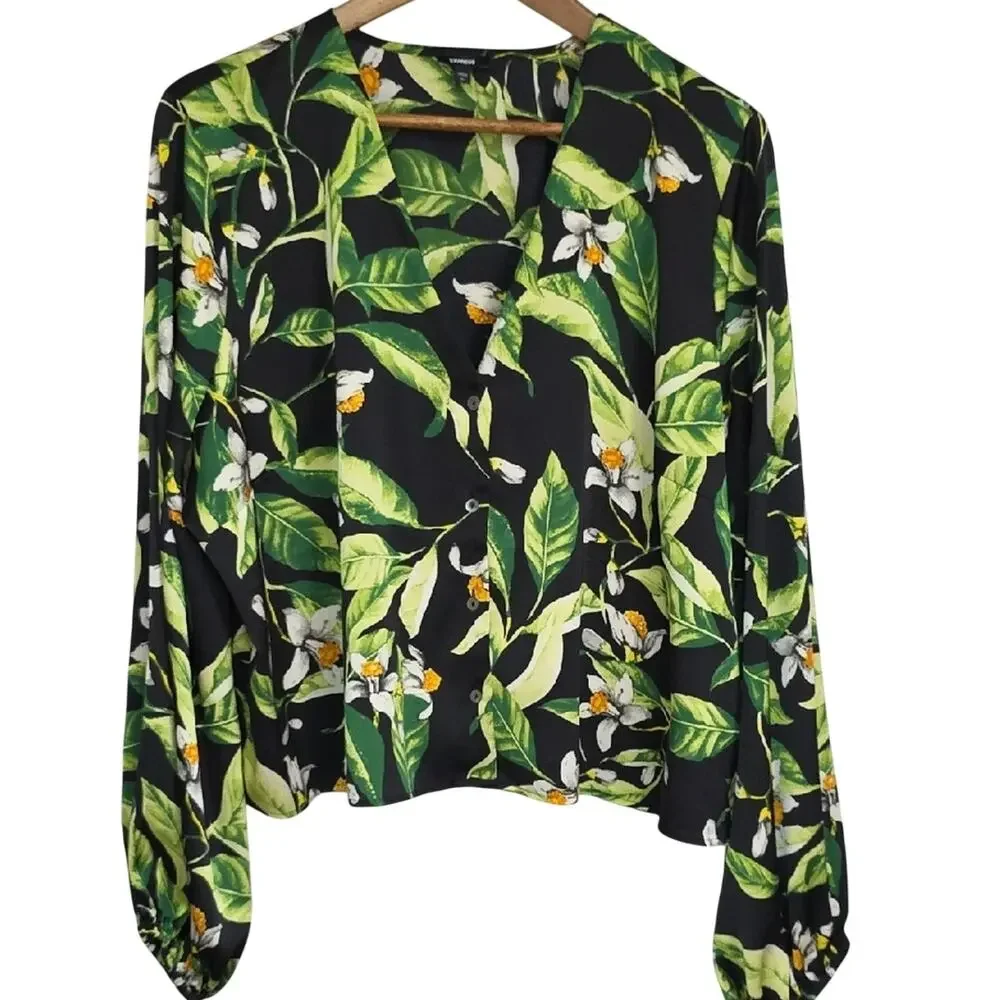 Express Women Sz XL Dark Floral Balloon Sleeve Preppy Fairy V-Neck Button Up Top - Picture 1 of 11